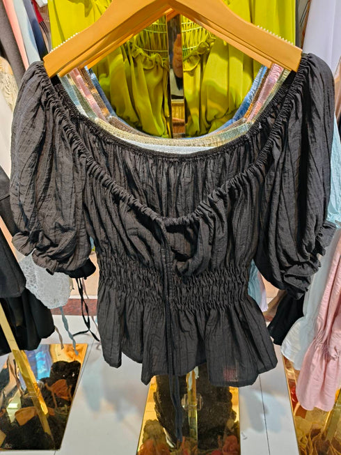 Puffer Sleeves Deep Neckline Drawstring Tops